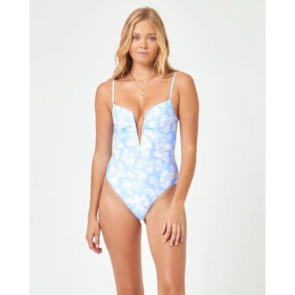 L*Space Roxanne Floral V Wire One Piece Swimsuit Blue White Size S NWT